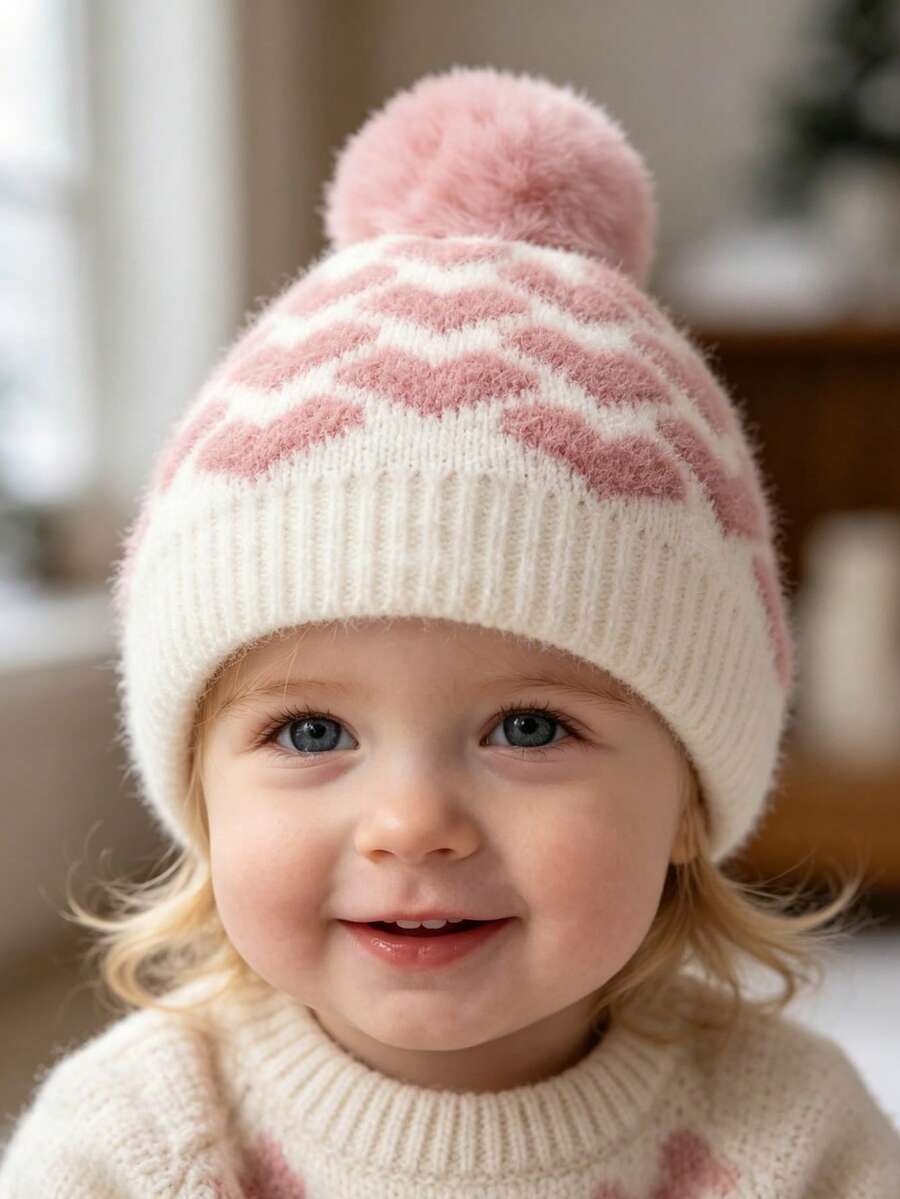 1PC Newborn Toddler Baby Girl Pom-Pom Beanie Hat Cozy Knit Winter Warm Small Heart Cute Kids Bonnet Hat Baby Needs Essentials Accessories - Multicolor - View 1