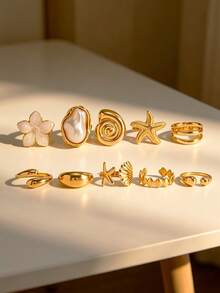10pcs Set Cincin Multi-Layer Stackable Fashion Minimalis Elegan Desain Vintage Indah Geometris Bunga Mutiara Imitasi Tetesan Minyak Pola Gradien Asimetris Bintang Laut Buatan, Keong, Elemen Kerang Tetesan Air Mengkilap Minimalis Polos Gaya Logam Set Cincin Lebar Tebal Berlebihan, Hadiah Liburan Pesta Kencan, Pakaian Sehari-hari, Personalisasi - Yellow Gold - View 3