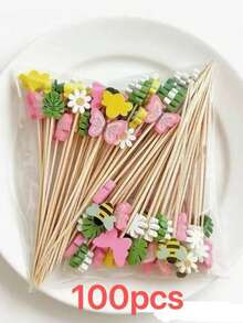 100Pcs Cute Decorative Cocktail Picks, Colorful Butterfly Flower Bee Bamboo Fruit Toothpicks For Picnic Birthday Party Food Cupcake Sandwich Decor - Multicolor - View 9