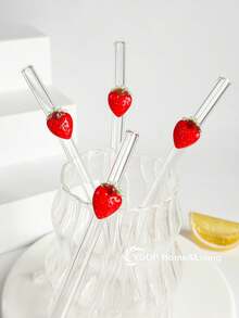 2/4pcs Red Cherry Shaped Glass Drinking Straws, Suitable For Water Cups, Reusable Curved Transparent Thickened Glass Straws Tableware Set, Kitchen Accessories, Straw Decorative Caps, Cold Drinks, Milk Tea, Coffee, Bar, Home, Restaurant, Holiday Supplies, Summer - View 6