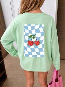 Tween Girl 1pc Printed Long Sleeve T-Shirt, Suitable For Girls' Autumn/Winter Top, Young Student Children's Clothing, Suitable For Outerwear And Layering - Mint Green - View 2