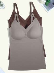 3pcs Plus Size Minimalist Solid Color Seamless Backless Camisole Bra, Summer Thin Wire-Free Push-Up Bra Tank Top For Women - Multicolor - View 4