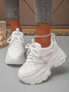 Women's Wedge Platform Sneakers, Fashionable Versatile Rhinestone Decor Lace-Up Casual Chunky Sneakers, Height-Increasing Women's Shoes - White - View 6