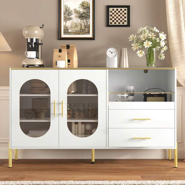 Eleganter Sideboard-Schrank Mit 2 Schubladen & 2 Glastüren – Moderne Kommode In Weiß Mit Goldakzenten – Viel Stauraum – Für Wohnzimmer, Esszimmer, Flur