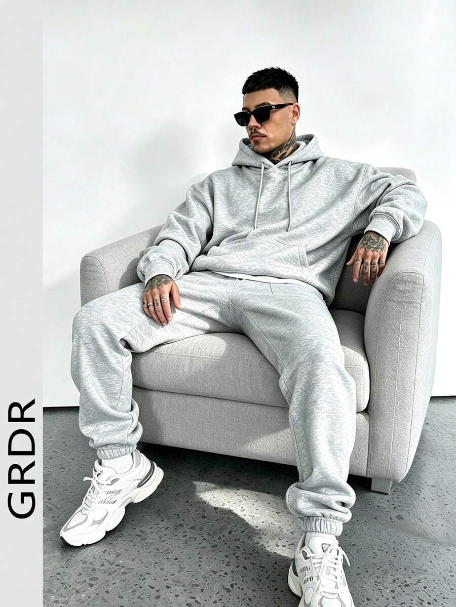 GRDR American Minimalist Basic Gray Loose Hoodie & Jogger Pants Casual Set For Men - Grey - View 1