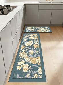 1 Pc Deep Blue Flower Pattern Kitchen Mat, 3.5 Mm Soft Rubber That Absorbs Water And Is Easy To Clean. Suitable For Corridors, Bathrooms, Living Rooms, Outdoor Door Mats, And Toilets. Useable Throughout The Year And For Various Holidays. - Multicolor - View 9
