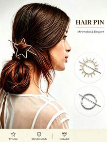 Metal Hair Sticks For Women, Decorative Hair Pins For Buns And Updos, Star, Sun And Circle Geometric Design, Minimalist Vintage Hair Jewelry - Multicolor - View 2