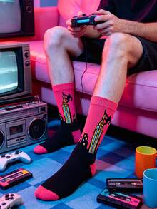 1/2 Pairs American Vintage Printed Mid-Calf Socks, Personalized Streetwear Men's Casual Long Socks, Y2K Neon Creative Cartoon Socks, Versatile Fashion Mid-Calf Slouch Socks - Multicolor - View 5