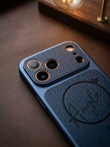 Personalized Customized Name Heart PU Leather Litchi Pattern Magnetic Wireless Charging Phone Case Compatible With IPhone 17 16 15 Pro Max 3D Embossed Laser Engraved Letter Anti Drop Mobile Phone Cover Daily Gift For Family And Friends - Navy Blue - View 5