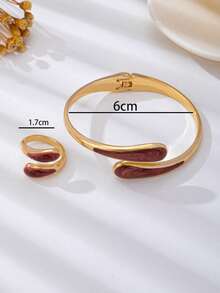 2pcs Fashionable New Gold-Plated & Artificial Drip Oil Coffee Brown Water Drop Shaped Women's Bracelet And Ring Jewelry Set - Coffee Brown - View 5
