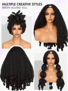 150% Density African Curly V-Part Partial Wig For Women, Voluminous Curly Hair, No Glue No Clip, Synthetic Black 16/24 Inch (#1B) - Black - View 6