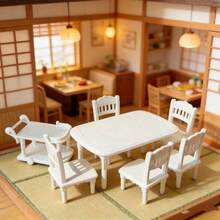 6pcs 1:12 Dollhouse Mini Model Scene Miniature Accessories Props Plastic Dining Cart Table Chairs Mini Micro Decor Home Decoration Fake Dining Table Dining Chairs Push Cart Set (White, Faux Wood Color) - 1 Table + 4 Chairs + 1 Trolley (6pcs) - View 5