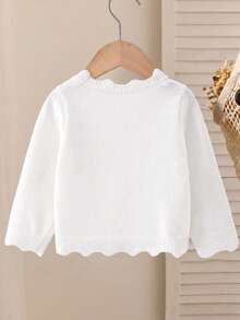 New Baby & Toddler Long Sleeve Knitted Round Neck Cardigan, Spring/Autumn Lightweight, Wavy Hem, Single-Breasted, Breathable Hollow Design, Fashionable Versatile For Outings - White - View 2
