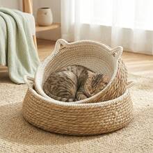 [Large Cat Compatible]Cute Cat Ear Round Woven Cat Scratching Bed & Scratching Post 2-In-1, Durable Rope Knot Scratching Board Comfortable Cat Bed, Indoor Space-Saving Cat Resting Station Scratching & Napping All-In-One Cat Supplies, Perfect For Medium And Large Cats - Multicolor - View 5