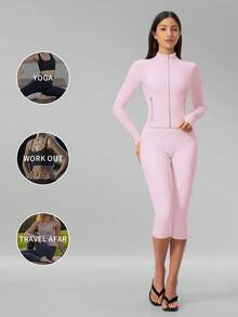 Bộ đồ yoga đa năng nữ MFVIM, áo khoác ôm sát mềm mại thân thiện với làn da + quần legging capri nâng mông thu gọn dáng kiểu quần cưỡi ngựa - Hồng - Xem 5