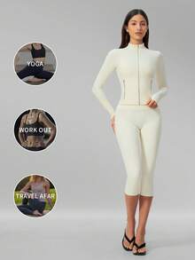 MFVIM Women's Versatile Yoga Set, Soft Skin-Friendly Fitted Jacket + Butt-Lifting Slimming Capris Leggings Riding Pants - Creamy White - View 5