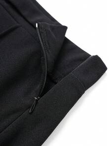 Women's Pure Black High Waist Flare Suit Pants, Gold Metal Interlocking Buckle Decor, Front Seam Slim Fit Flare Pants - Black - View 8