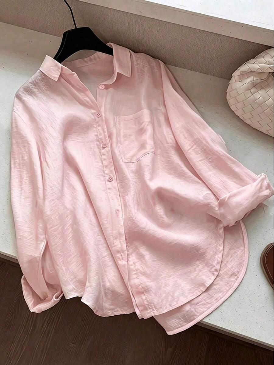 Plus Size Women's Casual Solid Color Front Button Curved Hem Shirt, Spring/Autumn, Pink - Pink - View 1