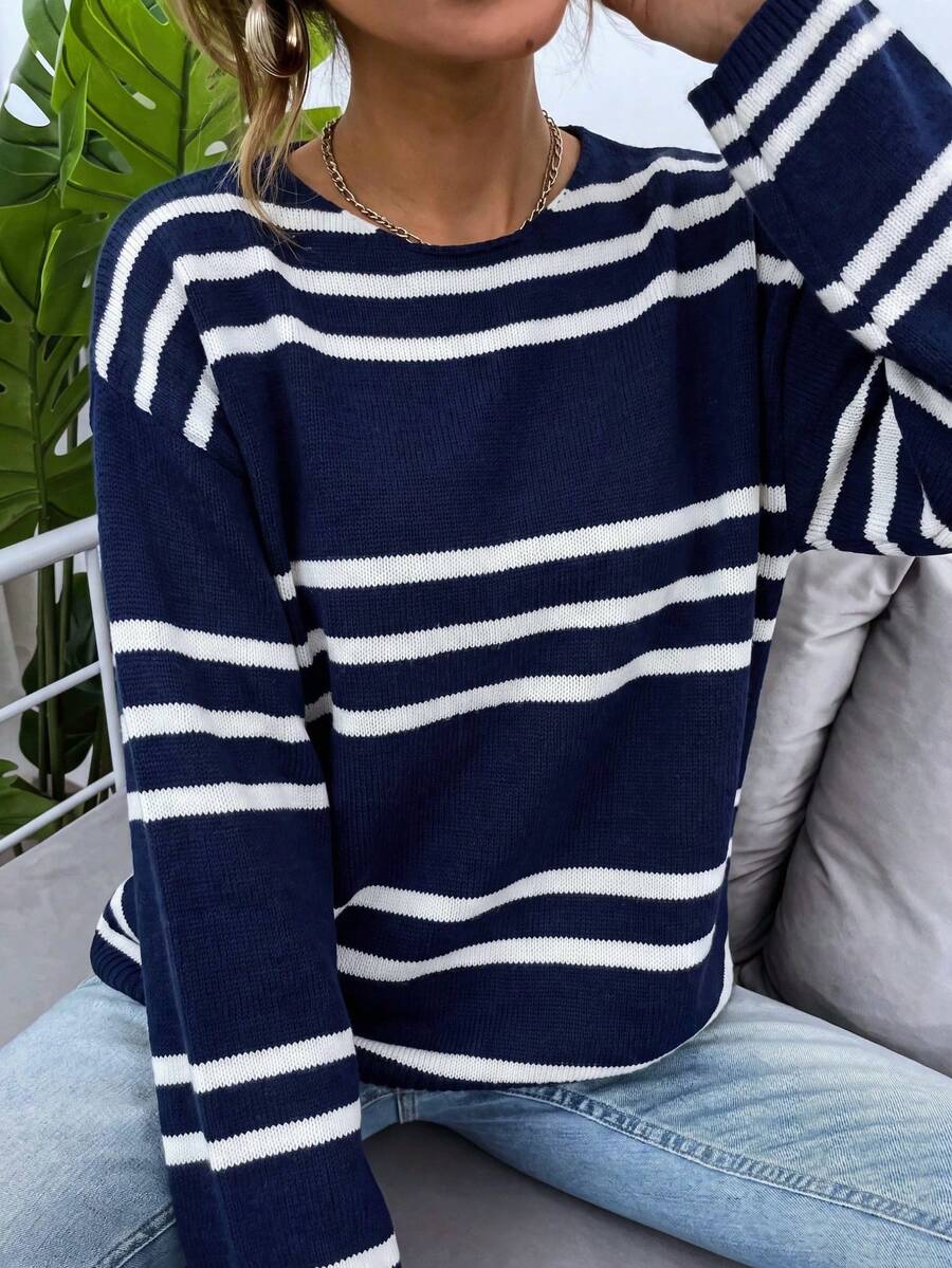 1pc Premium Striped Colorblock Loose Fit Long Sleeve Crew Neck Slimming Relaxed Versatile Knit Sweater Fall - Multicolor - View 1