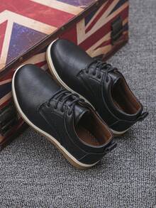 1 Pair All-Season British Style Unisex Kids Oxford PU Leather Shoes, Lace-Up Soft Sole Non-Slip, School Wedding Formal Comfortable Casual Flat Shoes - Black - View 6