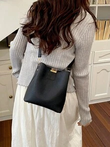 Black Litchi Texture Bucket Bag, Large Capacity Shoulder Crossbody Bag, Minimalist Commuter Versatile Women's Handbag - Black - View 10