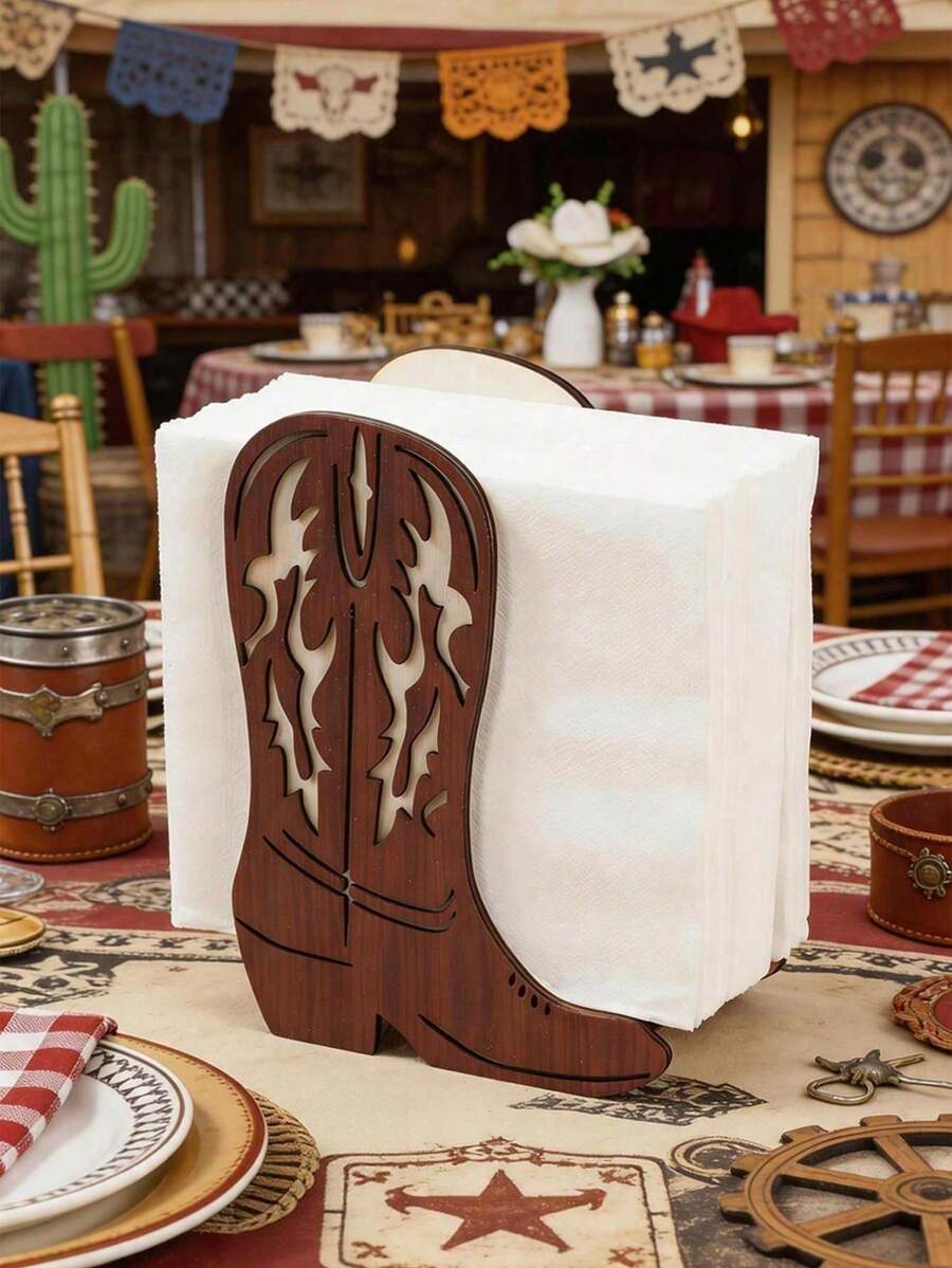 1 pieza Soporte para servilletas de bota de vaquero occidental, base marrón vintage con diseño de apertura superior y base resistente, adecuado para cocina, estilo rústico, decoración de fiestas con tema vaquero, hogar, oficina, eventos vaqueros, encanto retro duradero