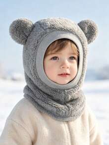 1pc Children's Bear Ear Plush Balaclava Hat, Thick Warm All-In-One Neck Warmer, Soft Fleece Kids Headwear For Winter Daily Outdoor Wear - 1PC - View 10