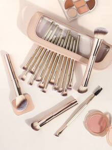 MAANGE 2/16pcs Professional Aluminum Tube Makeup Brush Set With Makeup Bag And Synthetic Bristles/Ultra-Soft Makeup Brushes. Suitable For Foundation Brush, Concealer Brush, Eyeshadow Brush, Eyebrow Brush, Blending Brush, Highlighter Brush. Made Of Soft Fiber Material, Gentle Touch And Non-Irritating To Skin, Suitable For Powder, Liquid And Cream Cosmetics, Ideal For Daily Use And Travel, Perfect Gift Choice For Makeup Accessories. - Gold - View 3