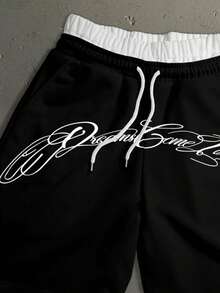 Streetwear Two-Tone Waist Script Letter Embroidery Wide Leg Loose Fit Sweatpants - Black - View 6