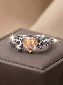 Anillo de mujer con alas de hada mágicas vintage en forma de corazón, anillo de promesa con luna creciente de circonita, joyería de estilo hada floral con estética de fantasía, regalo - Multicolor - Ver 6