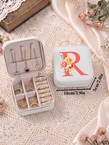 復古花卉字母旅行小珠寶盒，適用於項鍊與戒指，3.9in*2in PU皮革白色珠寶收納盒，適合女性，理想的節日禮物 - Floral Initials - 查看 25