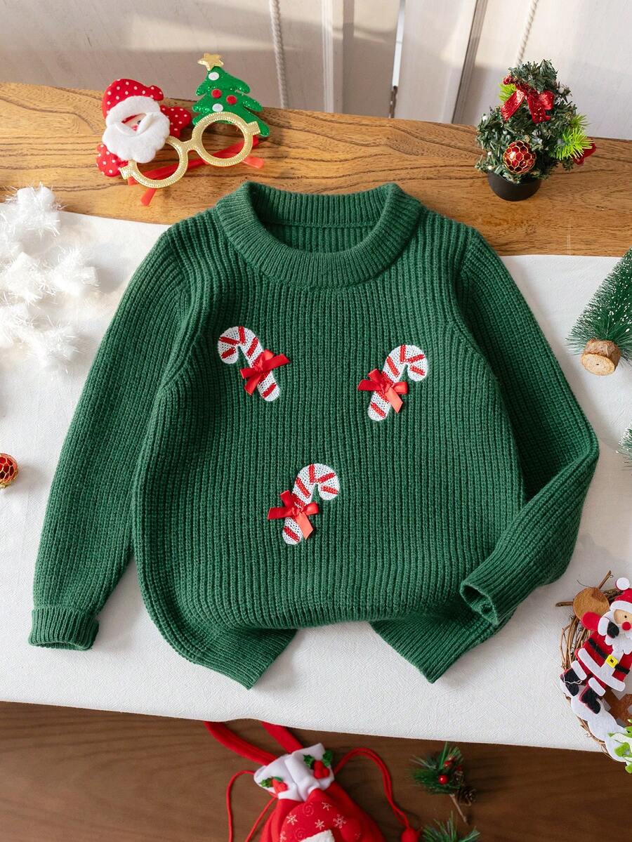 Girls Cute Christmas Gift Embroidered Round Neck Long Sleeve Knit Pullover Sweater, Suitable For Christmas, Daily Wear, Party, Spring, Autumn, Winter - Green - View 1