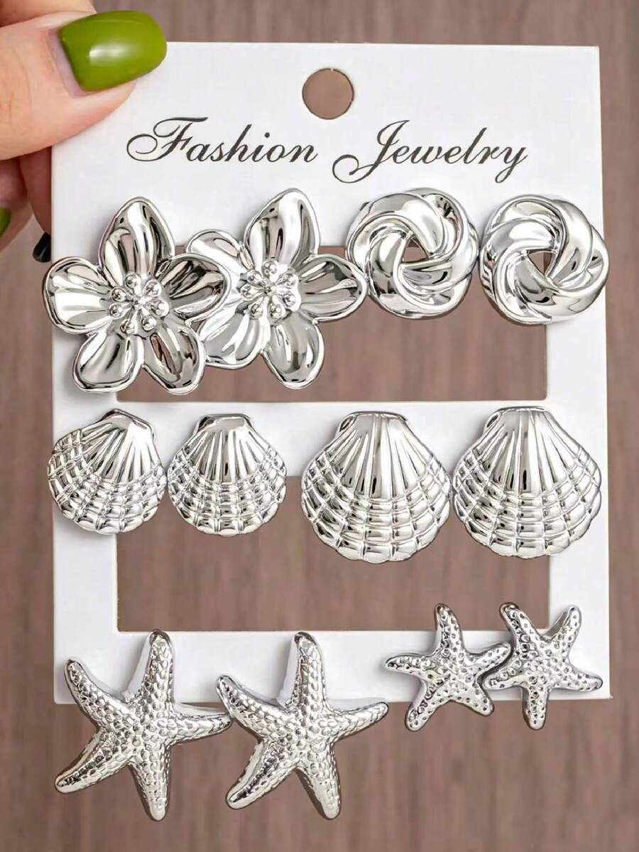 2-12pcs Fashion Ocean Style Silver Stud Earrings Set, Flower Shell Starfish Combination Set, Suitable For Women's Daily Wear, Summer Beach Vacation - Silver - View 1
