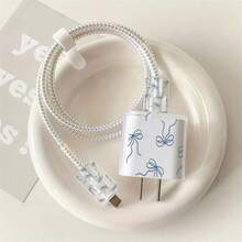 5pcs 2D Flat Design Minimalist Blue Bow Pattern Phone Charger Protection Set, Charger Head Cover + Cable Protector + Storage Rope + Data Cable Protector Spiral Wrap, Suitable For IPhone 20W/18W Charger - Multicolor - View 1