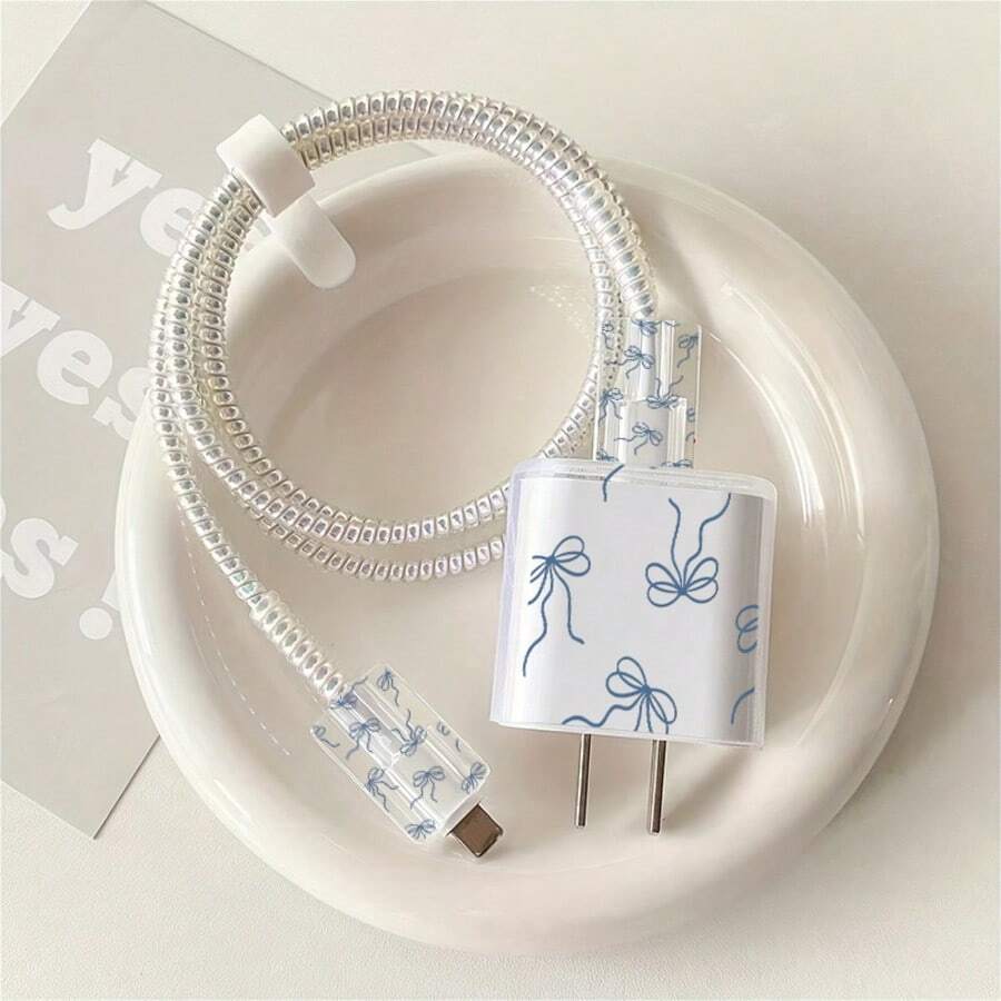5pcs 2D Flat Design Minimalist Blue Bow Pattern Phone Charger Protection Set, Charger Head Cover + Cable Protector + Storage Rope + Data Cable Protector Spiral Wrap, Suitable For IPhone 20W/18W Charger - Multicolor - View 1