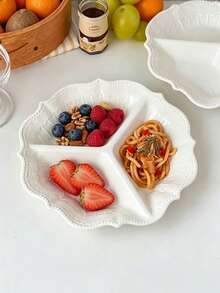 1pc European Style Petal Embossed Ceramic 3-Compartment Plate, Home Use Light Meal Portion Control Divided Plate, Western Pasta Fruit Nut Snack Dessert Dish - White - View 3