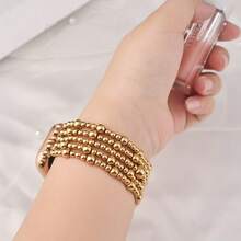 Beaded Bracelet, Compatible With Apple Watch Bands 41mm 40mm 38mm 42mm 44mm 45mm 49mm, Women's Style, Gold Beads, Cute Handmade Elastic Band, Suitable For Series SE 9 8 7 6 5 4 3 2 1, Couple Gift, Gold Bracelet Set - Gold - View 3