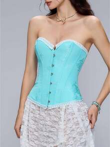 Women's Floral Lace Trim Corset Top, Waist-Cinching Body-Shaping Bustier, Sexy Jacquard Vintage Corset, Halloween Costume, Cosplay, Blue Corset Top - Mint Blue - View 11