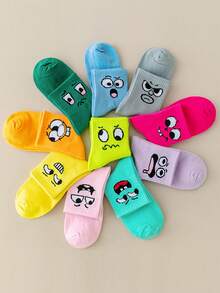 10 Pairs Random Mixed Color Kids Socks, Cartoon Cute Expression Pattern, Baby Boys & Girls, Japanese Style Versatile Mid-Calf Socks For Children & Teens - Multicolor - View 2