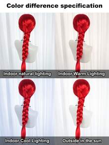 Bright Red Long Single‑Braid Synthetic Cosplay Wig For Women, Yellow Bow Hair Accessory Optional, Smooth Straight Braided Wig For Halloween Party Stage Fancy Dress & Anime Conventions - Multicolor - View 10