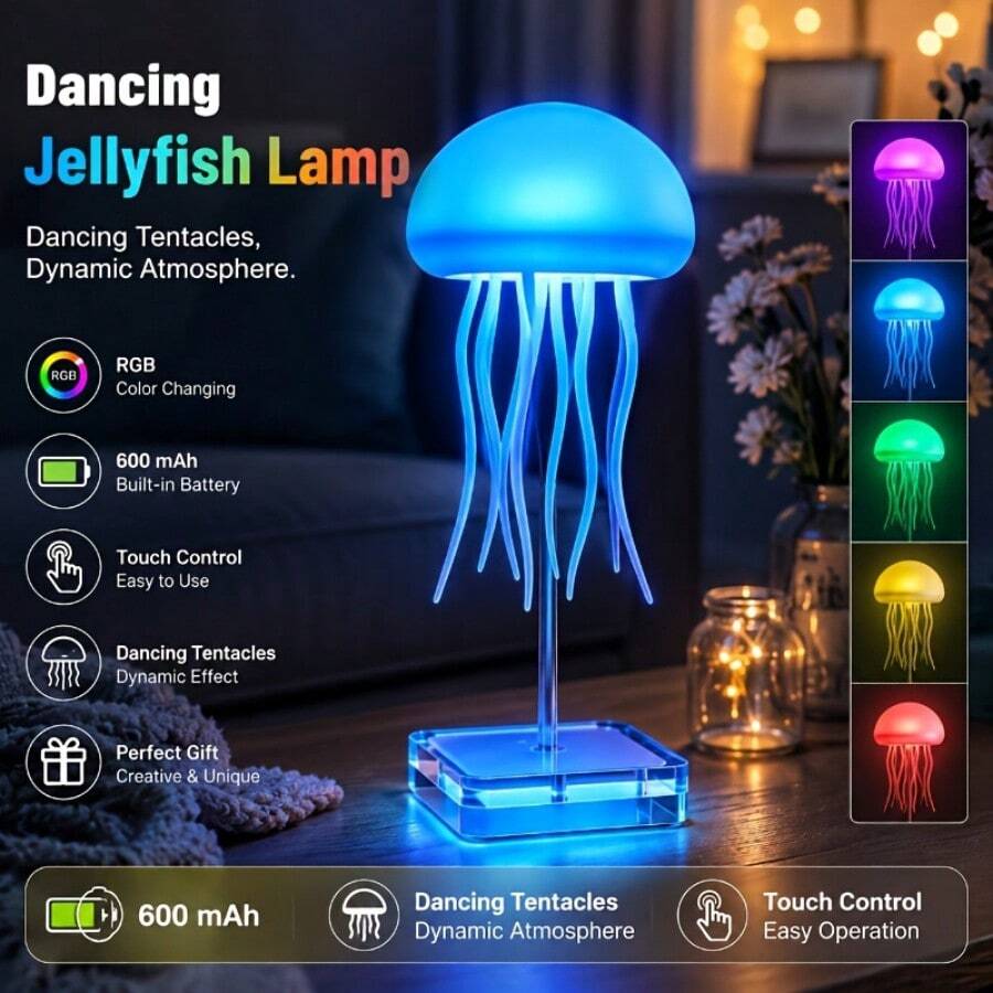 Jellyfish Lamp With Dancing Legs, RGB Gradient Jellyfish Bedside Lamp, Creative Atmosphere Night Light, Jellyfish Table Lamp With USB Charging AndBuilt-In Battery, Suitable For Home Use.