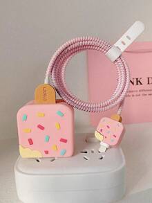 Cute Charger And Data Cable Protector Set, Compatible With Apple 20W Charger, Includes Cable Protector, Cable Organizer And Plug Cover, 4-Piece Charger Protector Set - Pink - View 2