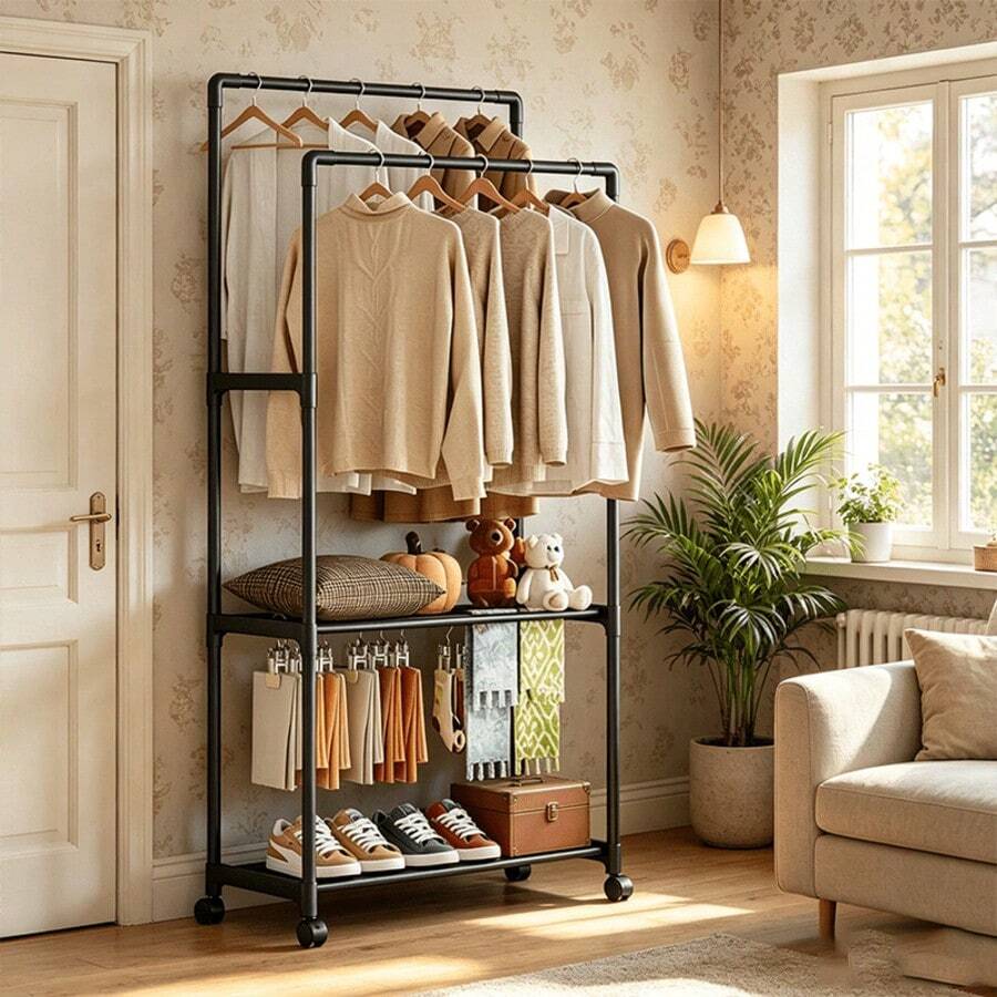 1pc Multifunctional Double-Row Clothes Storage Rack, Shoe Rack, Storage Shelf, Movable And Easy To Assemble, Suitable For Living Room, Entryway, Bedroom, Study, Office, Holiday Gift, Christmas Gift
