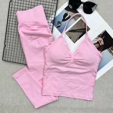 2pcs Women's Fitness Workout Set, Seamless Yoga Halter Top, High Waist Butt-Flattering Leggings, Gym Training Sportswear Pink - Pink - View 2