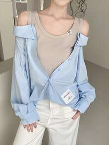 Blus Longgar Lengan Panjang Berlapis Model 2 In 1 Desain Niche Colorblock Bahu Terbuka untuk Gadis Seksi Musim Semi - Biru muda - View 7