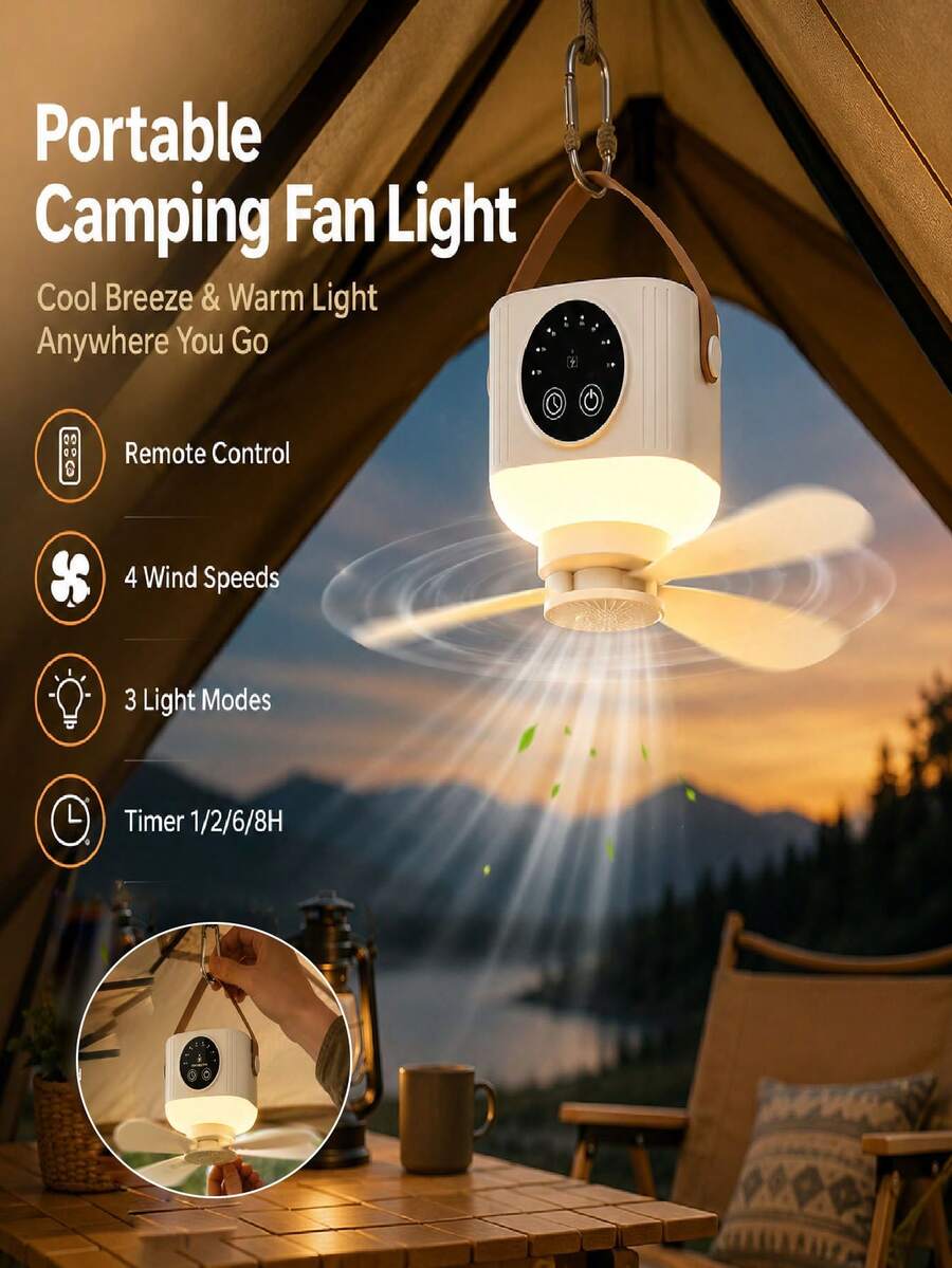 Portable Hanging Tent Fan With Ultra-Bright LED Light, Rechargeable Large Battery Mini Hanging Fan, 4-Speed Wind, Timer And Remote Control, Type-C Fast Charging Quiet Brushless Fan, Suitable For Dorm, Bedroom, Backyard And Garden