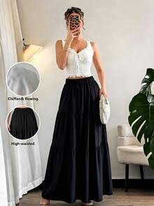 falda maxi tierada elegante de color sólido, cintura elástica, tejido ligero para uso casual mujer - Negro - Ver 2