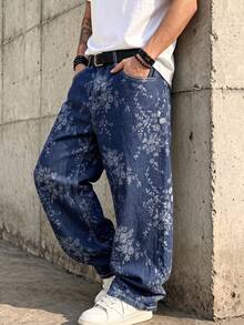 Men's Dark Blue All-Over Floral Jacquard Loose Wide Leg Jeans, Y2K Street Style Oversized Casual Long Pants - Blue - View 5