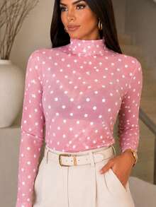 Elegant And Modern Women's Long Sleeve Polka Dot Tulle Blouse With Mock Neck - POÁROSA - View 1