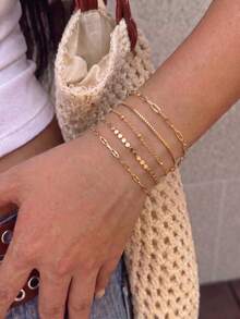 5pcs Minimalist Luxury Alloy Geometric Chain Layered Bracelets, Suitable For Women's Daily Commute, Dating, Vacation, Gift Wearing - Gold - View 1